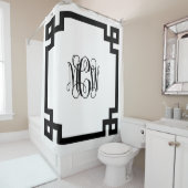 ホワイトブラックつる植物モノグラムDIY BG & Greek鍵フレーム シャワーカーテン (インサイチュ)
