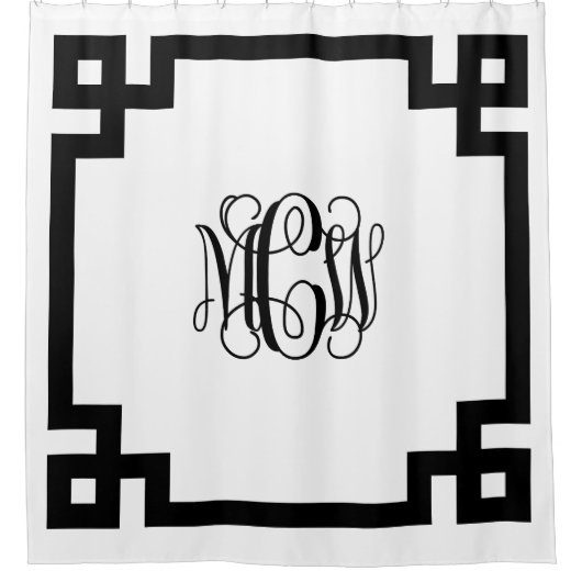 ホワイトブラックつる植物モノグラムDIY BG & Greek鍵フレーム シャワーカーテン (正面)