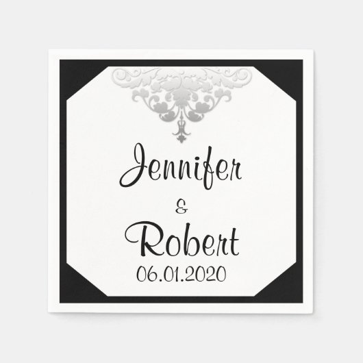 ホワイトブラックとシルバーのダマスクのウェディングナプキン スタンダードカクテルナプキン (正面)