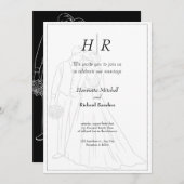 ホワイトブラッククラシックモノグラムエレガントクリーン結婚ズ 招待状 (正面/裏面)