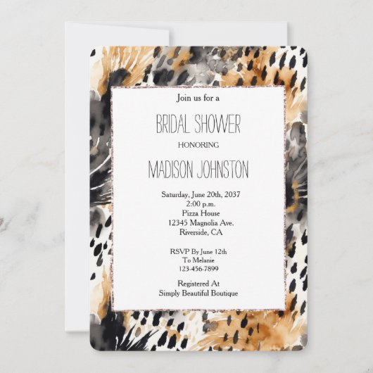ホワイトブラッククリームヒョウ動物ブライダルシャワー 招待状 (正面)