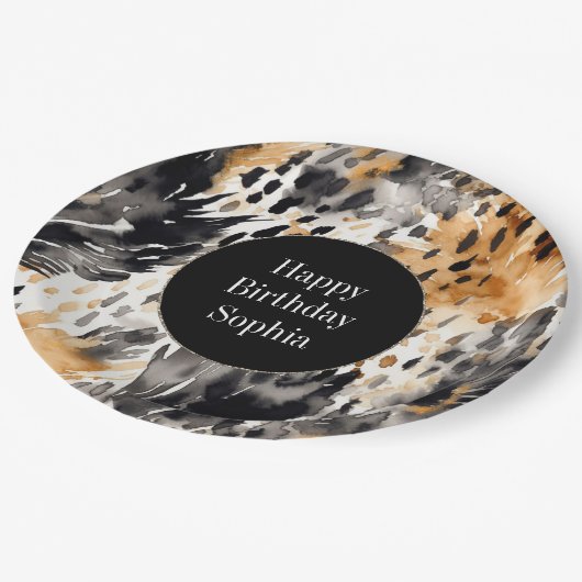 ホワイトブラッククリームヒョウ動物誕生日 ペーパープレート (アングル)