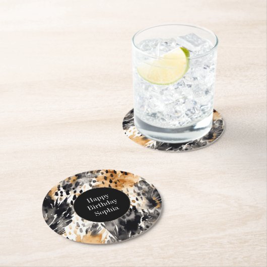ホワイトブラッククリームヒョウ動物誕生日 ラウンドペーパーコースター (インサイチュ)
