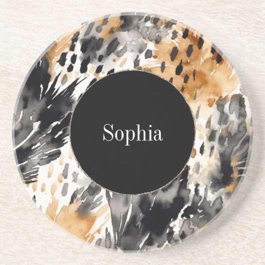 ホワイトブラッククリームヒョウ動物 コースター (正面)