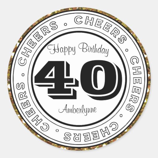 ホワイトブラックシルバーグリッター40歳の誕生日 ラウンドシール (正面)