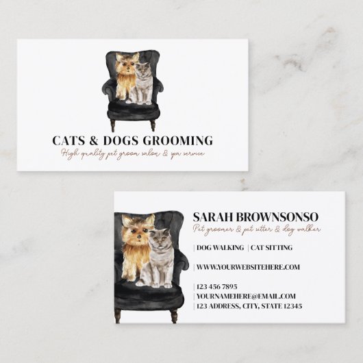 ホワイトブラックソファヨークシャーテリアドスコティッシュキャットペット 名刺 (正面/裏面)