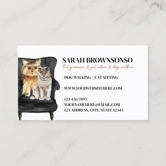 ホワイトブラックソファヨークシャーテリアドスコティッシュキャットペット 名刺 (裏面)
