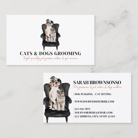 ホワイトブラックソファ犬猫ペットトリマー 名刺 (正面/裏面)