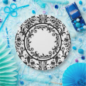 ホワイトブラックダマスクフローラ渦巻き旋回をパーソナライズ ペーパープレート (パーティー)