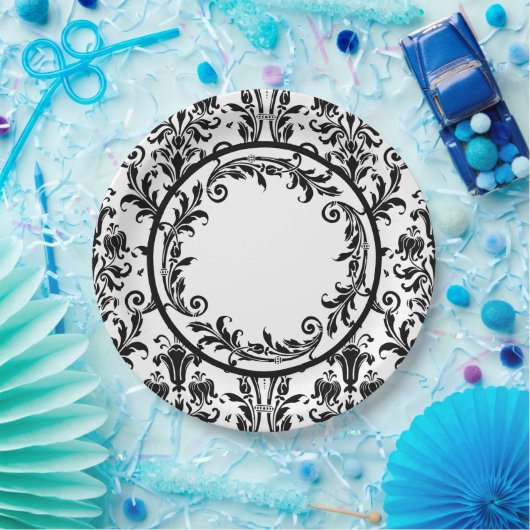 ホワイトブラックダマスクフローラ渦巻き旋回をパーソナライズ ペーパープレート (パーティー)