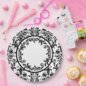 ホワイトブラックダマスクフローラ渦巻き旋回をパーソナライズ ペーパープレート (パーティー)