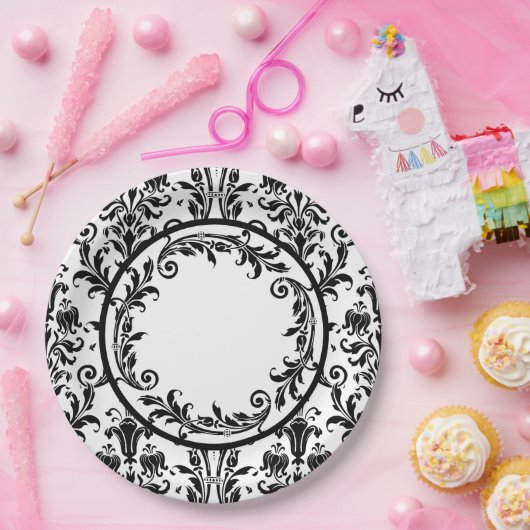 ホワイトブラックダマスクフローラ渦巻き旋回をパーソナライズ ペーパープレート (パーティー)