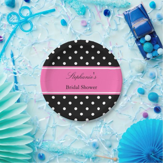 ホワイトブラックホットピンク水玉模様ブライダルシャワー ペーパープレート (パーティー)