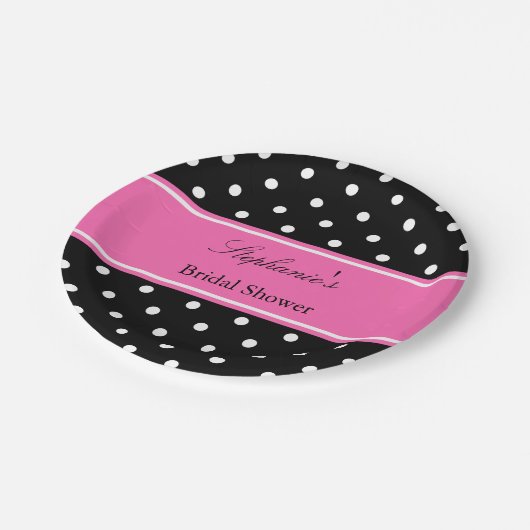 ホワイトブラックホットピンク水玉模様ブライダルシャワー ペーパープレート (アングル)