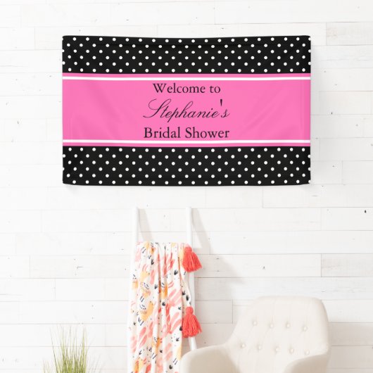 ホワイトブラックホットピンク水玉模様ブライダルシャワー 横断幕 (インサイチュ)