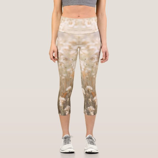 ホワイトブラックミニマリストフラワーフィールドセルフ気に カプリレギンス (正面)