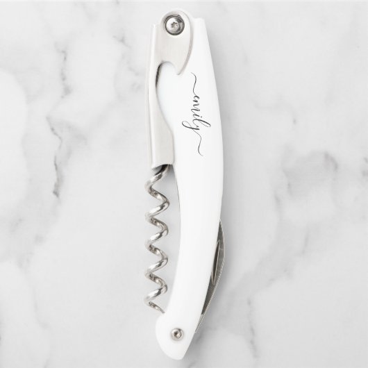 ホワイトブラックモダンスクリプトモノグラム名 ソムリエナイフ (正面)