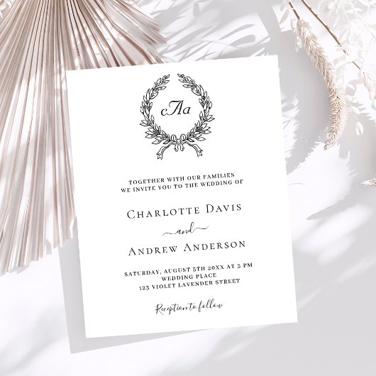 ホワイトブラックリースモノグラム結婚式招待状