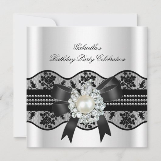 ホワイトブラックレースパールエレガントバースデーパーティー 招待状 (正面)