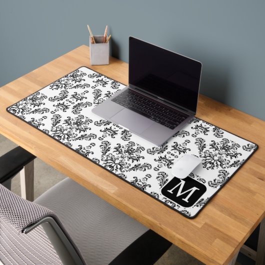 ホワイトブラックヴィンテージダマスクパターカスタムンモノグラム デスクマット (オフィス2)