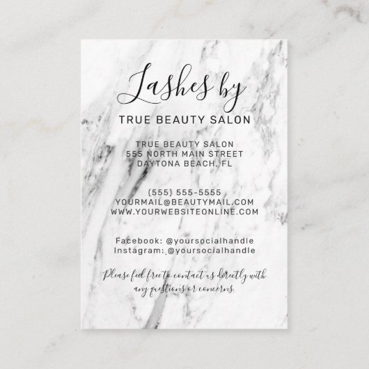 ホワイトブラック大理石ラッシュエクステンションアフターケアアイコン 名刺 (裏面)