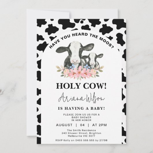 ホワイトブラック牛プリントフローラホーリーカウベビーシャワー 招待状 (正面)