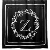 ホワイトブラック縁どデザインモノグラム文字 シャワーカーテン (正面)