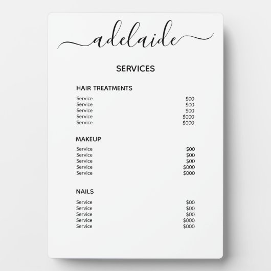 ホワイトブラック美容師サロン価格表サービス フォトプラーク (正面)