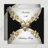 ホワイトブラック金ゴールドパールバースデーパーティー 招待状 (正面/裏面)