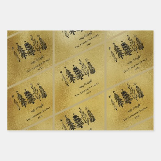 ホワイトブラック金ゴールドファミリークリスマスツリーストライプの鐘 ラッピングペーパーシート (正面2)