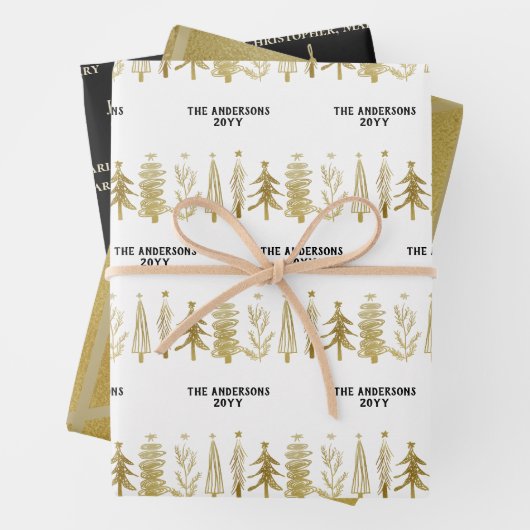 ホワイトブラック金ゴールドファミリークリスマスツリーストライプの鐘 ラッピングペーパーシート (インサイチュ)