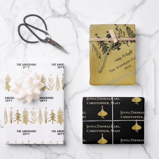 ホワイトブラック金ゴールドファミリークリスマスツリーストライプの鐘 ラッピングペーパーシート (正面)