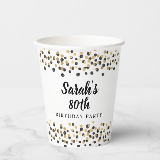 ホワイトブラック金ゴールド紙吹雪グリッター80誕生日 紙コップ (正面)