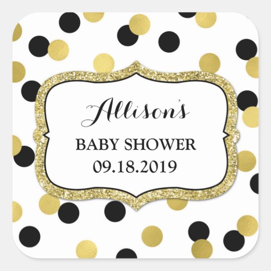 ホワイトブラック金ゴールド紙吹雪ベビーシャワーメッセージカード スクエアシール (正面)