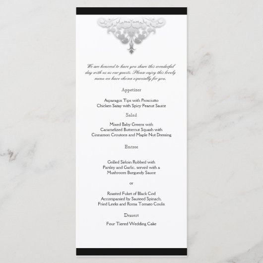 ホワイトブラック&シルバーのダマスクのウェディングメニュー メニュー (正面)