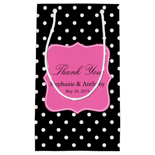 ホワイトブラック、ホットピンク水玉模様結婚の感謝 スモールペーパーバッグ (正面)
