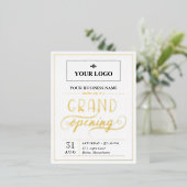 ホワイトブラック&金ゴールドワイドロゴグランドオープニング 箔招待状ポストカード (立ち正面)