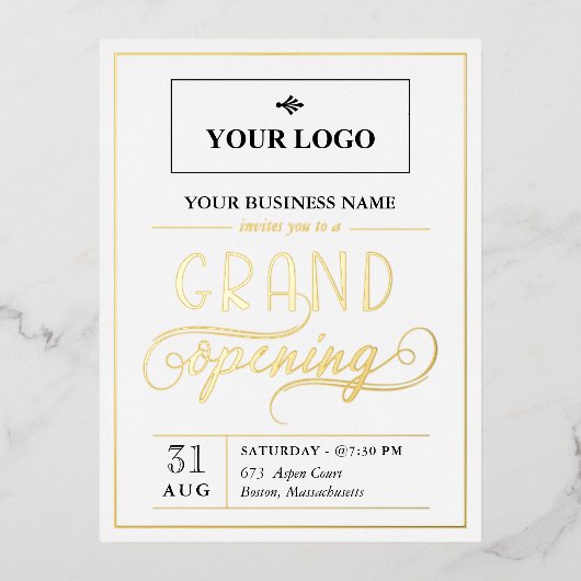 ホワイトブラック&金ゴールドワイドロゴグランドオープニング 箔招待状ポストカード (正面)