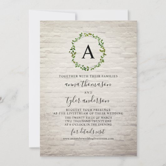 ホワイトブリックリースモノグラム結婚バーチャル 招待状 (正面)