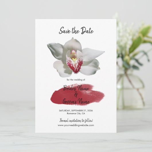 ホワイトブルゴーニュの蘭の結婚式の日付を保存 セーブザデート (スタンド正面)