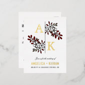 ホワイトブルゴーニュフローラグリーンリー結婚モノグラム 箔招待状ポストカード (正面/裏面)