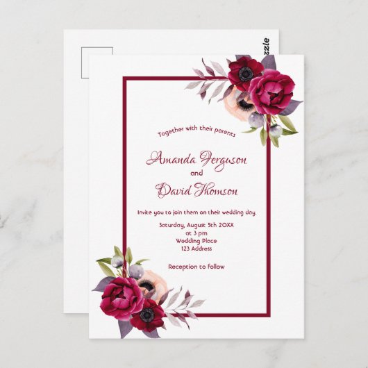 ホワイトブルゴーニュ花模様結婚式招待状 ポストカード (正面/裏面)