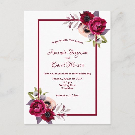 ホワイトブルゴーニュ花模様結婚式招待状 ポストカード (正面)