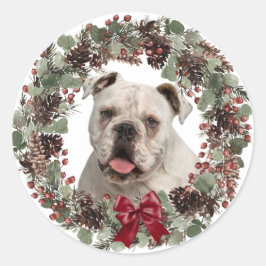 ホワイトブルドッグピネコンリースクリスマス ラウンドシール