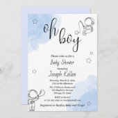 ホワイトブルーとブラックかわいい赤ちゃんシャワー 招待状 (正面/裏面)