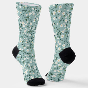 ホワイトブルーのカントリー調ビンテージ フローラル柄 ソックス
