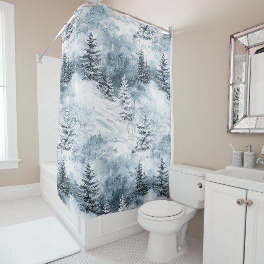 ホワイトブルーのクリスマスツリー冬の雪 シャワーカーテン (インサイチュ)