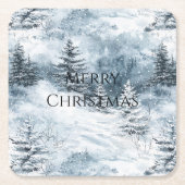 ホワイトブルーのクリスマスツリー冬の雪 スクエアペーパーコースター (正面)