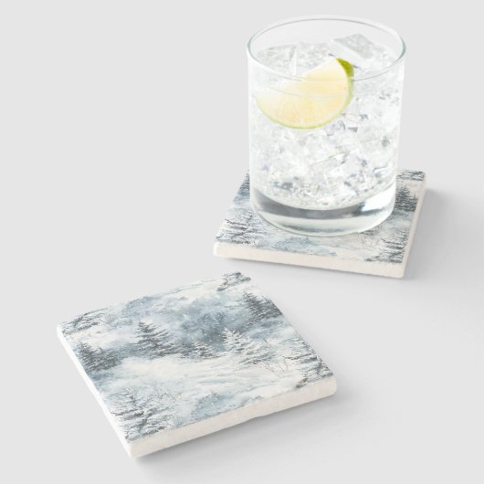 ホワイトブルーのクリスマスツリー冬の雪 ストーンコースター (横)