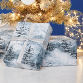 ホワイトブルーのクリスマスツリー冬の雪 ラッピングペーパー